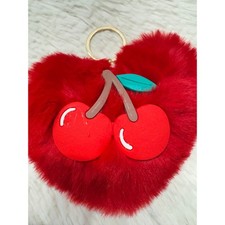 Fuzzy red heart Pompom keychain with cherry and gold metal bag charm