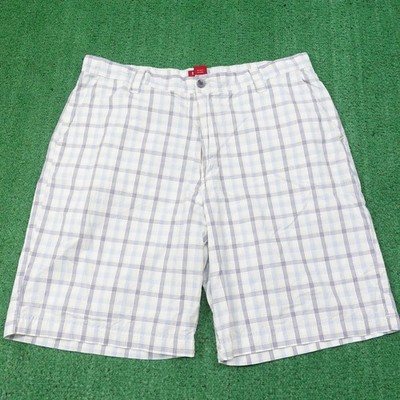 IZOD Shorts Mens 38 White Plaid Bermuda Cotton Pockets Belted 9.5 Inseam