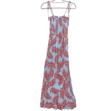 Miley + Molly Blue Orange Palm Leaf Print Smocked Maxi Dress Medium Tie Shoulder