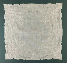 ATQ Madeira Linen Hand Embroidery Poppy Floral Open Work Wedding Handkerchief