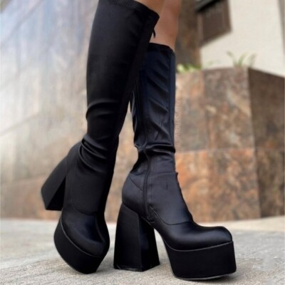 NEW IN  BLACK SATIN - HIGH ABOVE EXPECTATIONS BOOT