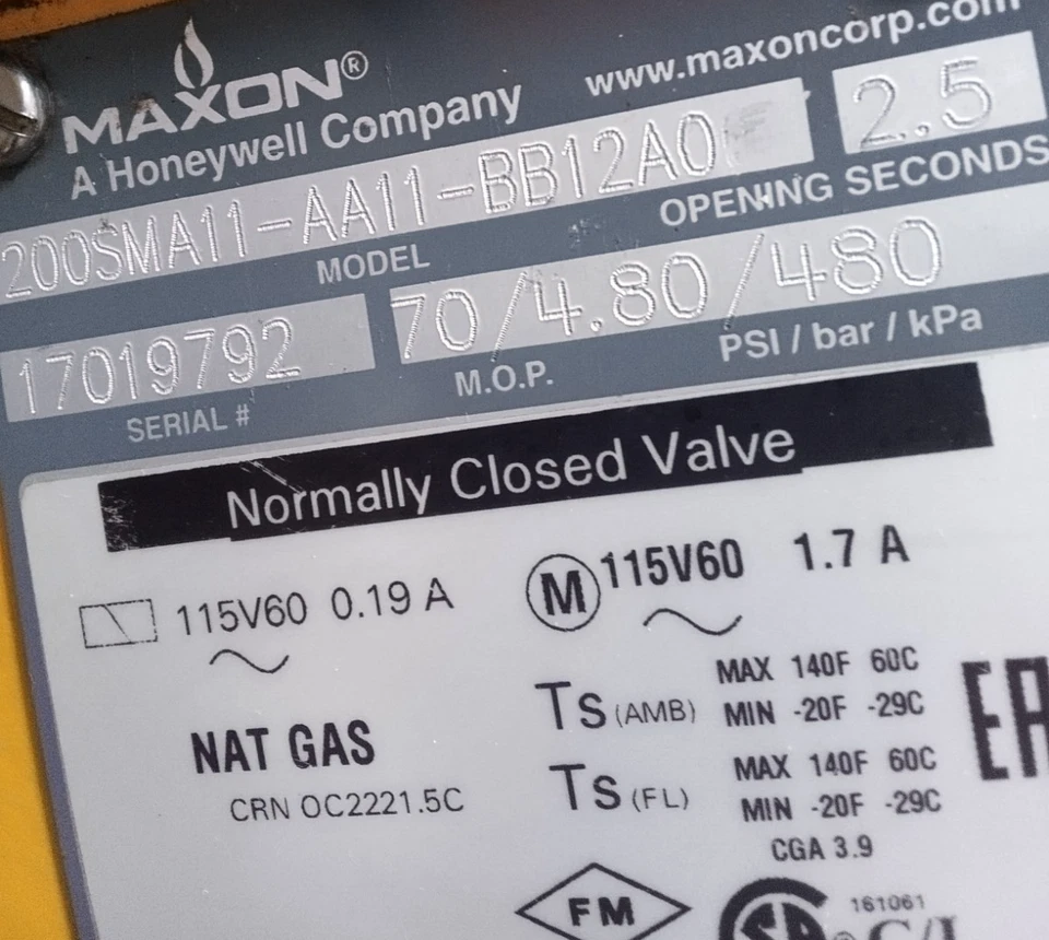 Válvula de gas natural Maxon 200SMA11-AA11-BB12A0 normalmente cerrada 115 V 70 psi. Foto 2 de 4