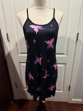 Women Black w/Pink Butterflies Print Strap Nightgown Sz XL 32"L x 20"W
