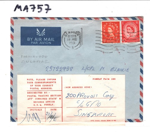 GB 1961 Cover SINGAPORE MILITARY POLICE Forwarded Label FPO.748 Ex Glasgow MA757 - 第 5/10 張圖片