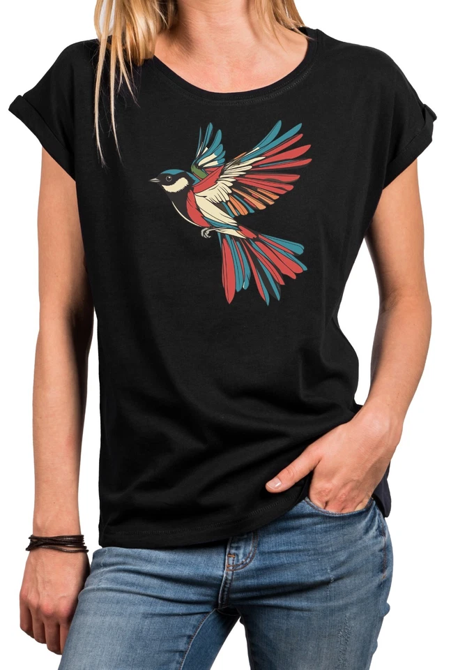 Damen T-Shirt mit Vogel Motiv Kurzarm Top 100% Baumwolle Vogelprint Vogeldesign - Bild 1 von 1