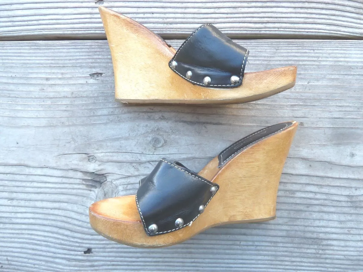 Vintage Y2K Aldo Sandals Wood Wedge Platform Black Leather EU 35 US 4
