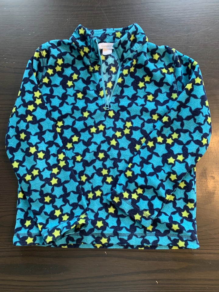 Garnet Hill Kids Girls Fleece Pullover Medium Blue Green Stars 1/4 Zip - Image 2 of 4