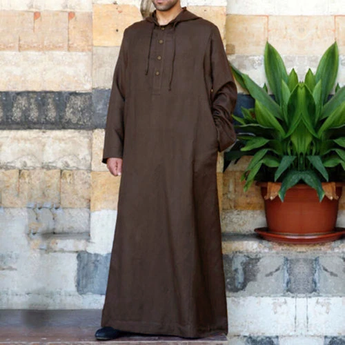 Arabisches lockeres Kleid Herren Langarm Thobe Kaftan Kapuze Robe Muslim Saudi Islamisch - Bild 7 von 22