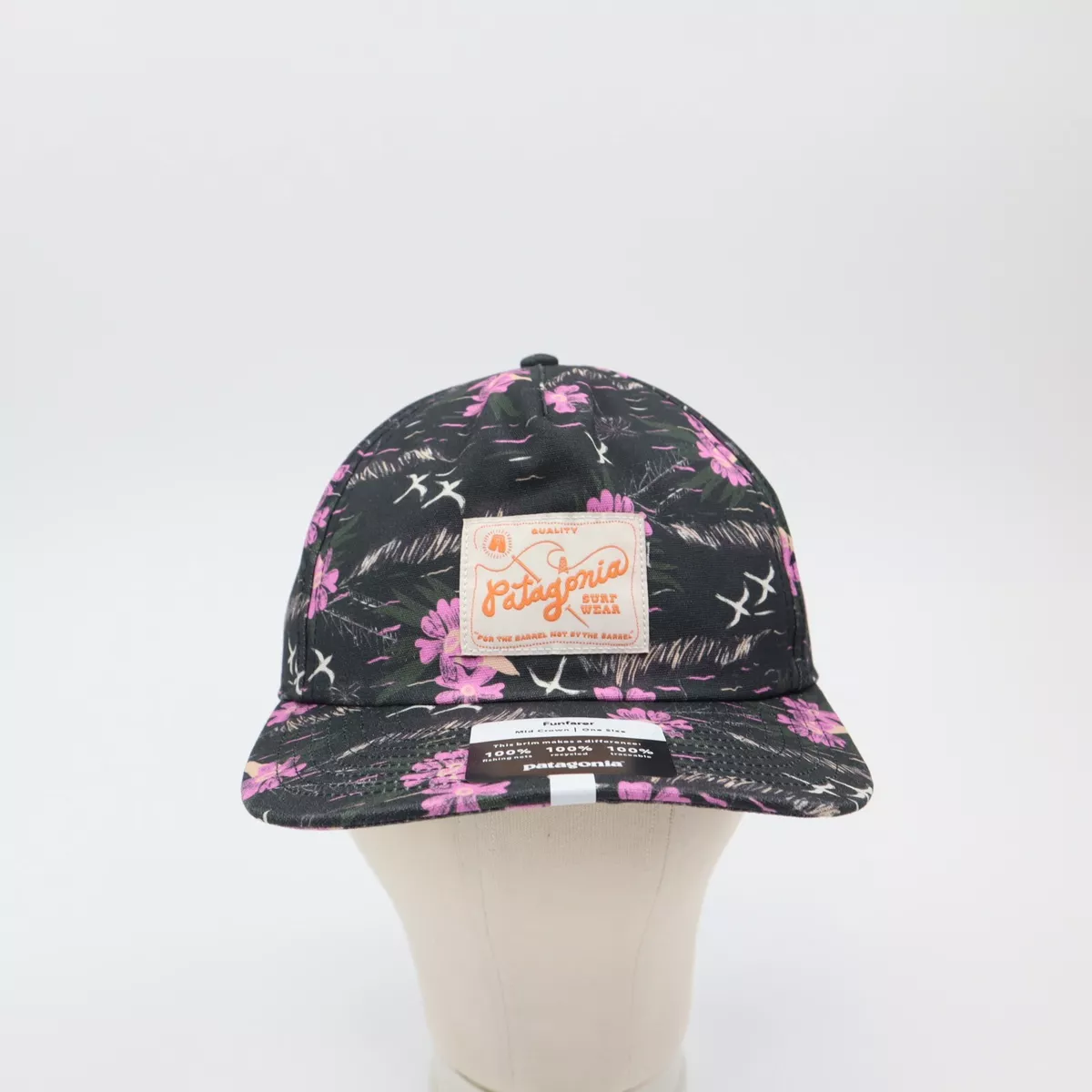 Patagonia Funfarer Surf Label Hat Cap Inky Black / Pink Floral Hawaiian AOP  NWT