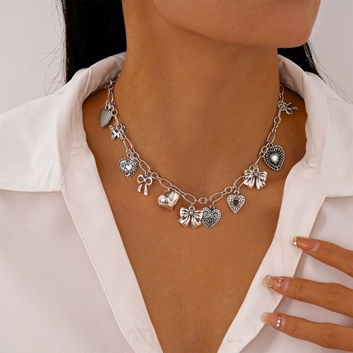 Bowknot Metal Necklace Y2k Sweet Choker Elegant Heart Pendant Necklace Party