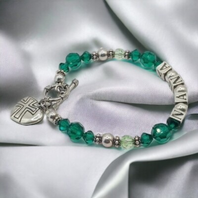Green and silver ''Nana'' bracelet, silver heart charm..925,