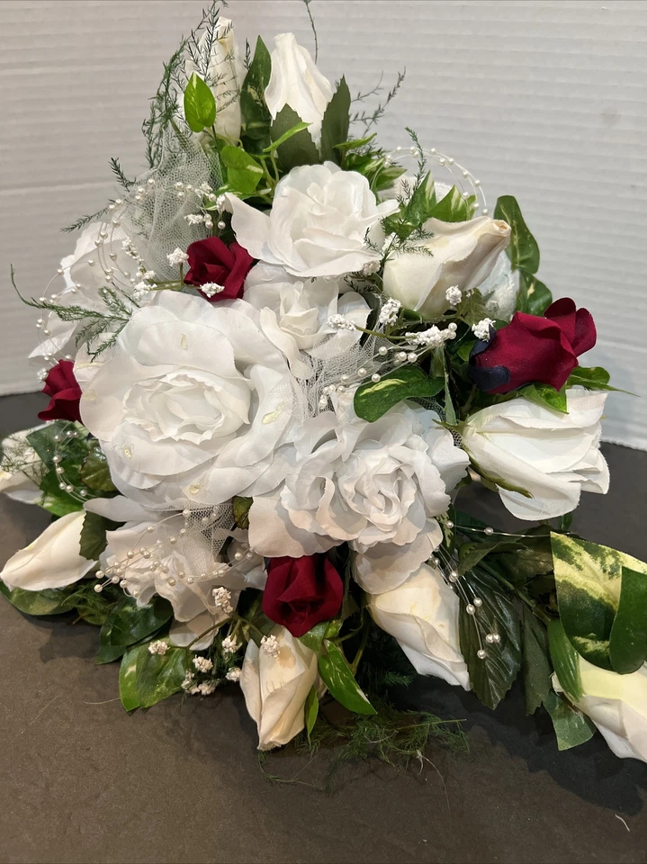 Vintage Bridal Bouquet White And Red Roses With Pearls And Greenery & 1 Bride m - Image 4 of 4