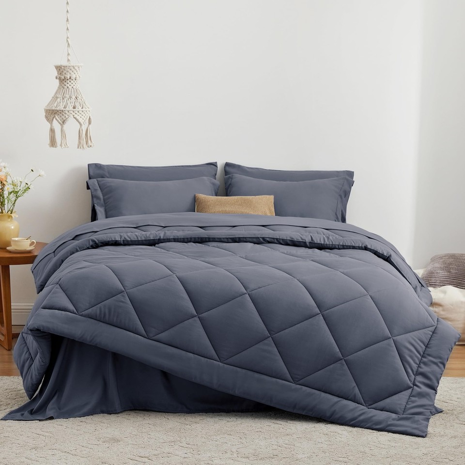 Queen Comforter Set Navy Blue, 7 Pieces Queen Bed in a Bag, All Season