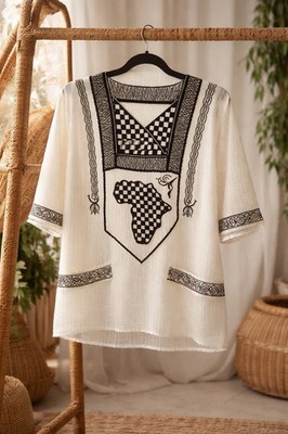 African Map Ethnic Tunic Handmade Linen Blend Heavy Embroidered Caftan Folk