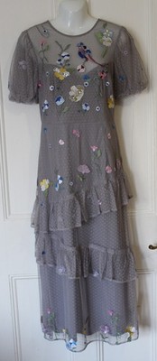 Grey Multi Monsoon Gwendolyn Embroidered Sequin Tiered Midi Dress - size 10  new