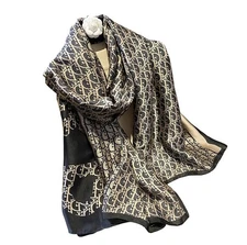 Luxury Designer Silk Scarf, Black and Gold Pattern Monogram Print Square Shaw...