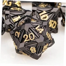 7PCS Metal DND Dice Set with Box, Debris RPG D and D Dice for use Black Gold