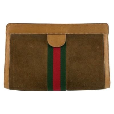 GUCCI vintage Web Stripe 67 014 2126 Clutch bag business bag Brown camel Suede