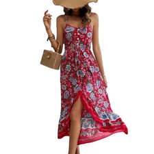 Women's Boho Floral Sundress Spaghetti Strap V Neck Split Maxi Dress S-XL