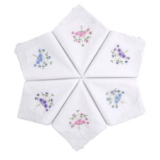 Women's Cotton Handkerchiefs Flower Embroidered with Lace, Ladies Hankies 6 P...