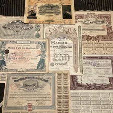 Lot of 7 Antique Stock Certificates – Russia, Belgium, France, Mexico, Turkey –