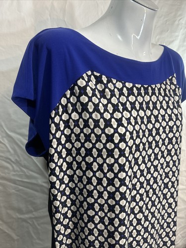 Anthea Crawford Womens Size L Geometric Print Cobalt Blue Top Cap Sleeve - Picture 2 of 12