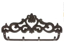 Cast Iron Wall Hanger Farmhouse with 4 Hooks Rustic Brown Keys Hats +++