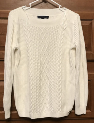 Tommy Hilfiger WOMENS Sz MEDIUM White Cable Knit Sweater pullover EUC 753 