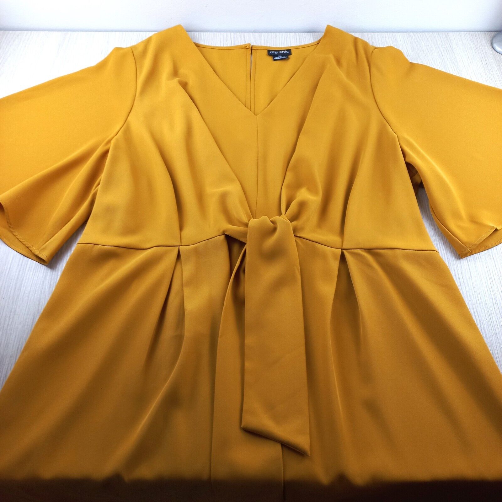 City Chic Midi Dress Women's Size XXL 24 V Neck Tie Front Elastic Waist Mustard