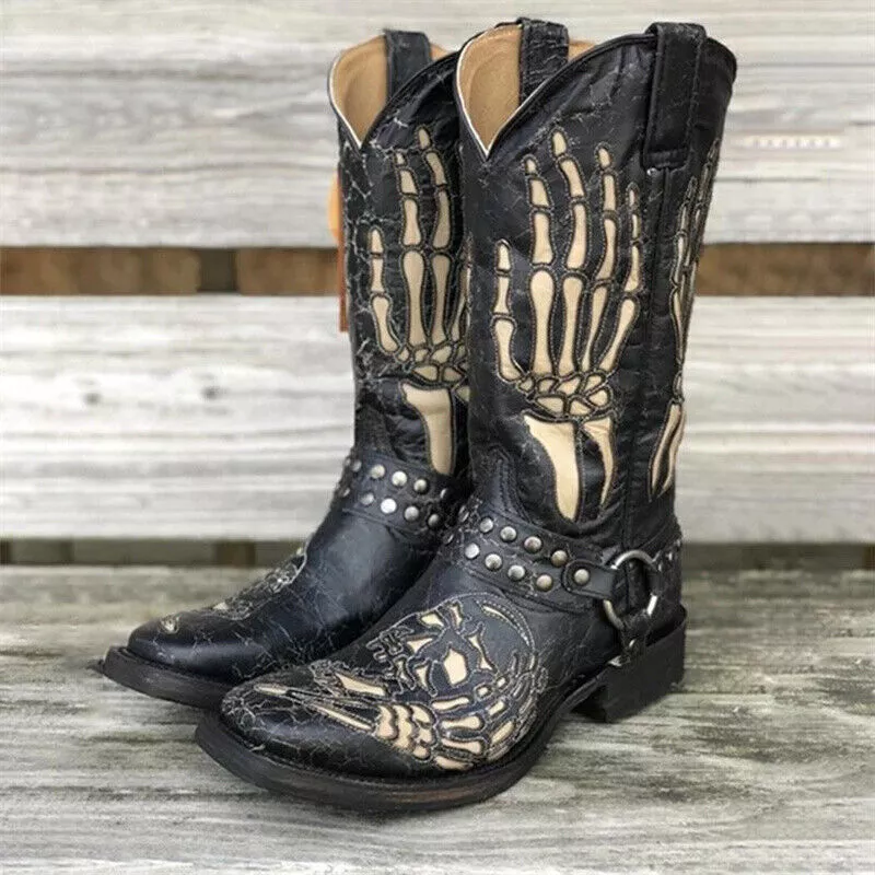 UK Mens Cowboy Boots Western Shoes Skull Pattern Square Head Boots