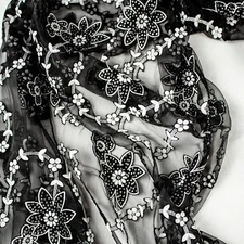 Vintage Italian Black White Silver Embroidered Sheer Rectangle Scarf 60" x 19.5"