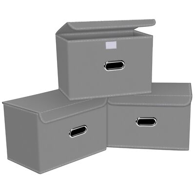 Linen Fabric Foldable Collapsible Storage Cube Bin Organizer Basket with Lid ...
