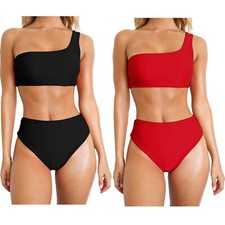 Women One Shoulder Sport Bikini Set High Waisted Swimsuit Crop Top Swimwear