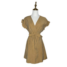 ZARA Brown Short Sleeve Mini Dress Size XS Side Tie Smocked Back Ruffle Trim