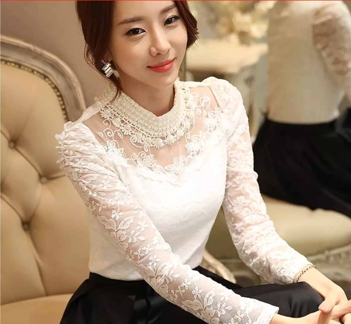 Elegant Classy Lace Blouse Slim Vintage Beaded Classic Crochet Fancy High  Neck