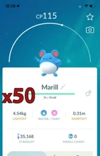 50x Marill Pokemon Bundle !! Good Chance of Lucky and Good IVs !! Go