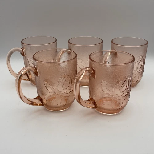 5 Arcoroc Rosaline Pink Mugs Set Rose Flower Drink Coffee Cup Cristal France Lot