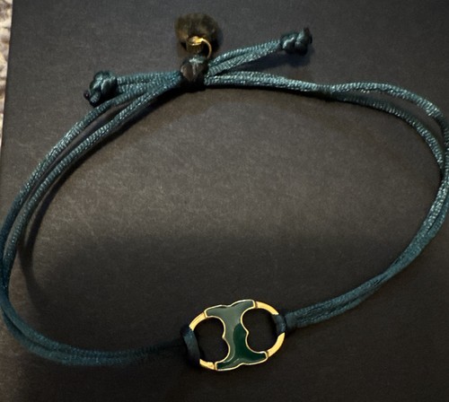 Adjustable Green Cord Drawstring Bracelet w/ Gold-Tone Enamel Link