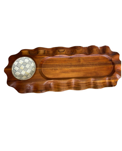 Mackenzie Childs Serving Board Acacia Wood Oil Bread Chip Dip Charcuterie 1 Bowl