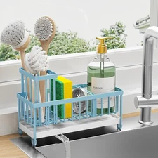 Blue Sponge Holder for Kitchen Sink, Sink Caddy Organizer with High Brush Hol...