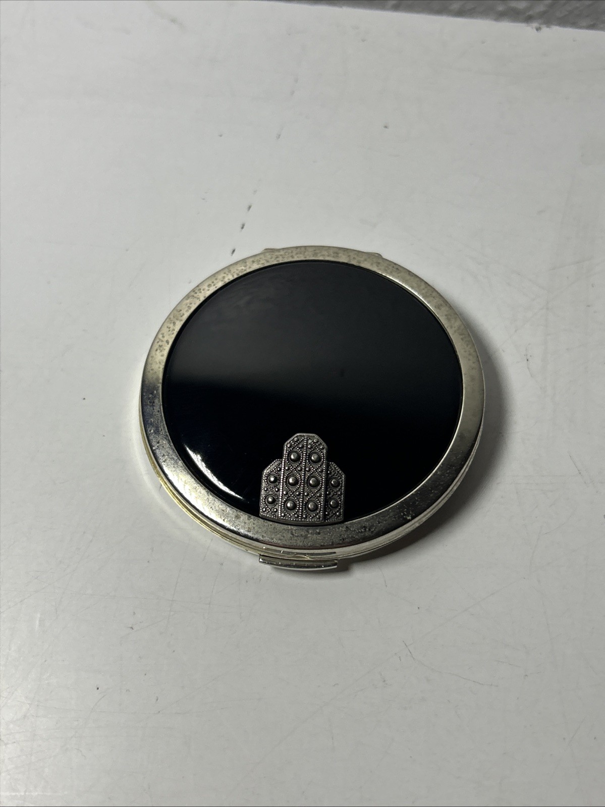 Stratton Black Enamel With Art Deco Style Motif Ladies Compact Double Mirror