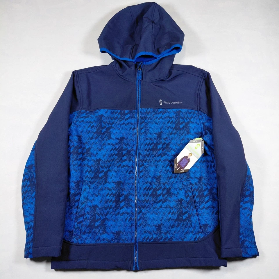 Free Country Boys Softshell Hooded Jacket Blue Geometric Print Size 14-16 - Image 2 of 4