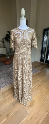 SOLD OUT! JS Collection Size 12 Ash Gold Lace/Crochet Aline Formal Gown Stunning