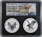 2021 NGC PF70 REVERSE PROOF American Silver Eagle Type 1 & 2 Set of 2 Coins