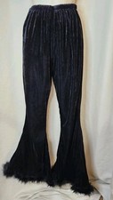 Vintage Velveteen Bell Bottom Feather Hem Pants Black Pull-on Witchy Goth Sz SM 
