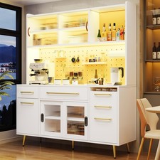 Kitchen Cupboard Storage Cabinet w/ LED & Music Sync, Shelves, Pegboard, White