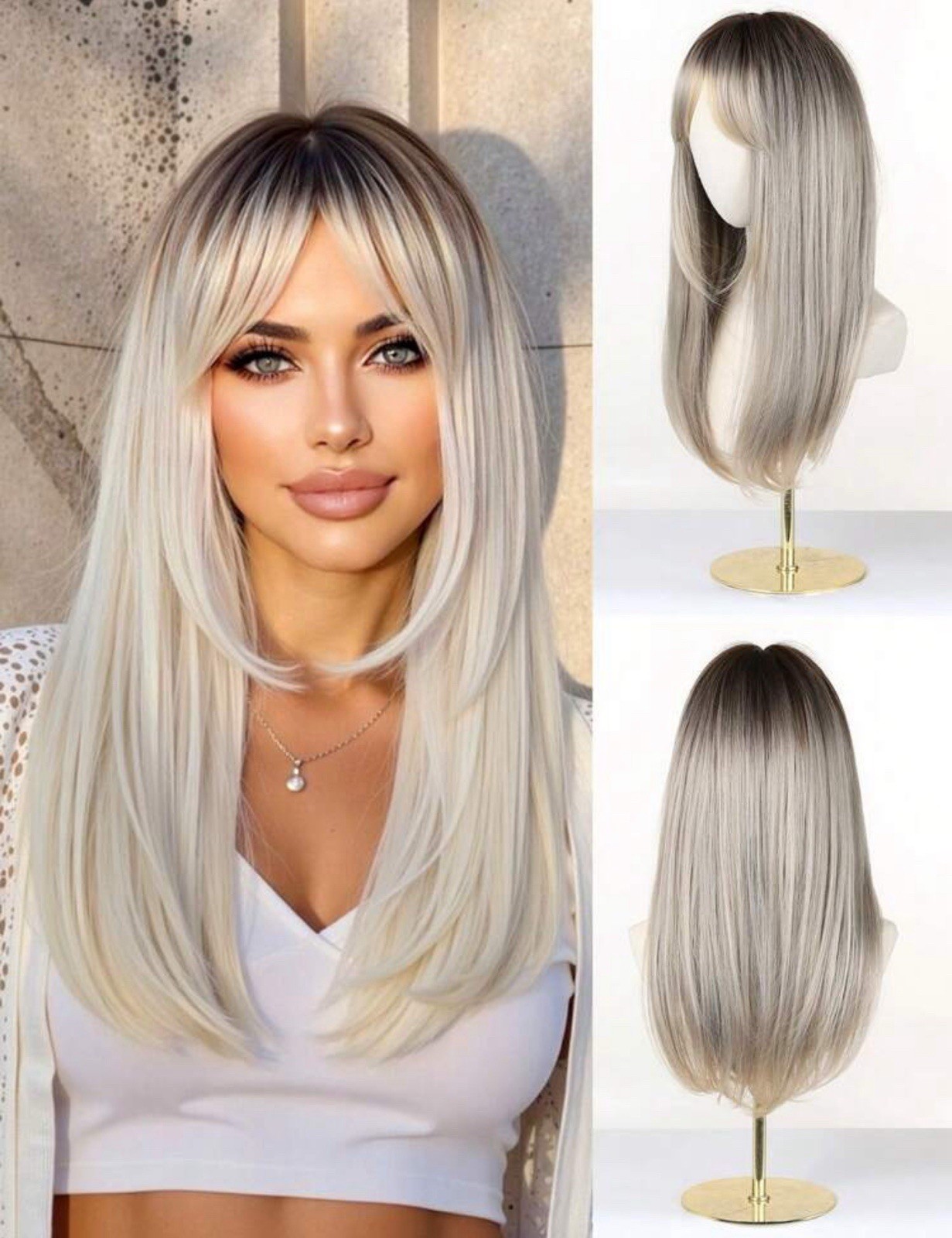Perruque blonde longue synthétique 60cm solution volume pour cheveux fins avec 4 bonnets