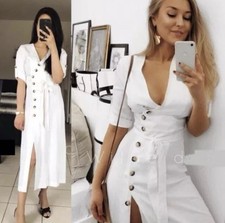 ZARA TRF NWT White Asymetric Button Down V-Neck Belted Coastal Shirtdress Sz XS
