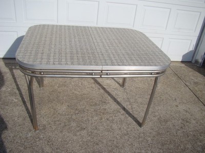 Vtg 50's MCM Chrome Formica Kitchen Dining Table w Hidden Leaf HTF Weave Pattern
