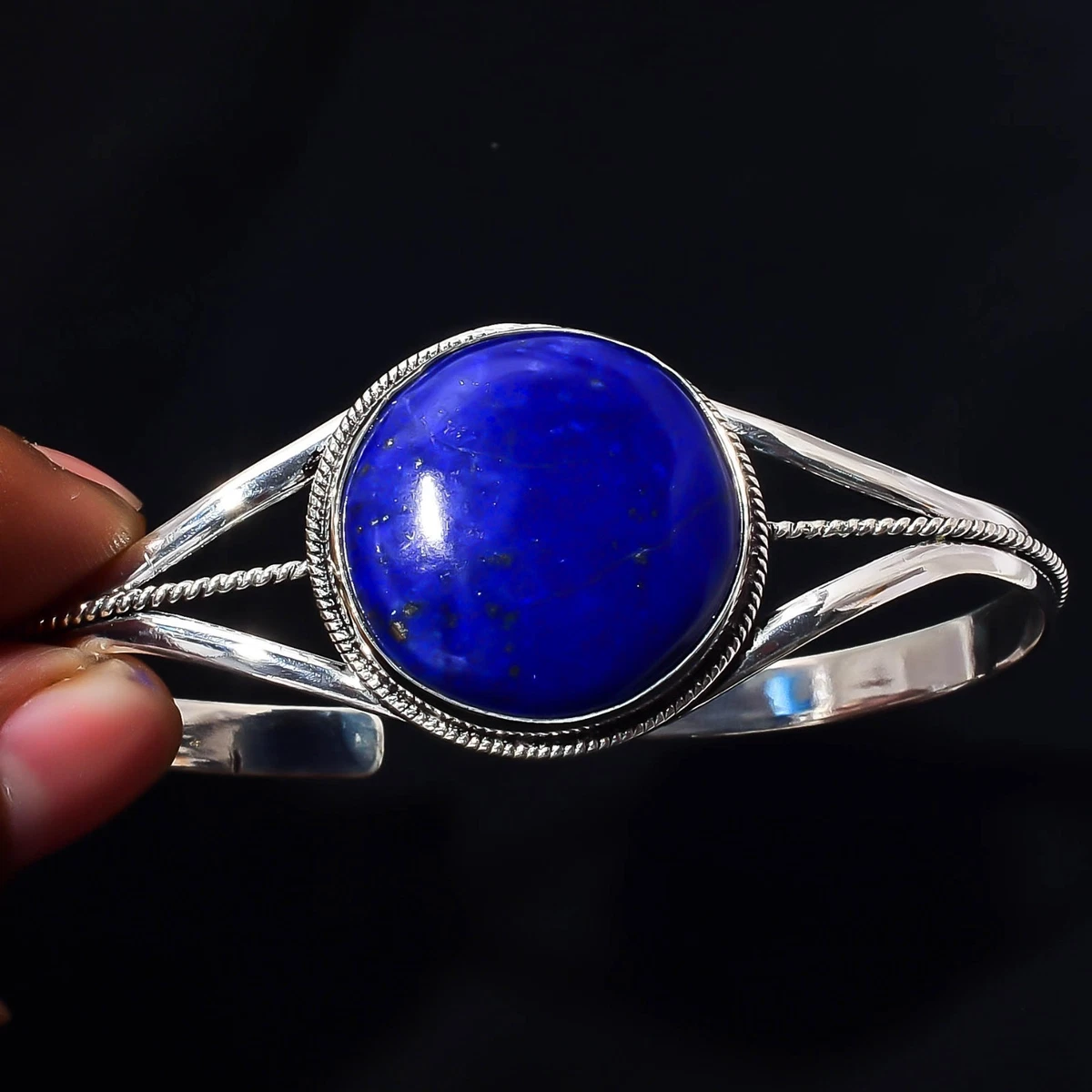 Lapis Lazuli Gemstone 925 Sterling Silver Handmade Bangle Jewelry Gift For